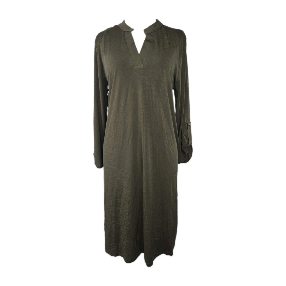 dear scarlett Medium Olive Green Tab Sleeve V-neck Stretch Knit Dress Pockets M